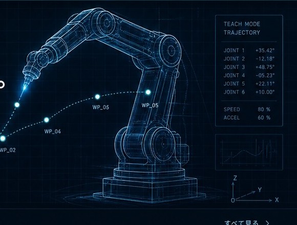ティーチング軌道（トラジェクトリ）を教示中のワイヤーフレーム産業用6軸ロボットアーム。WP_02〜WP_05のウェイポイントを通る経路を表示。